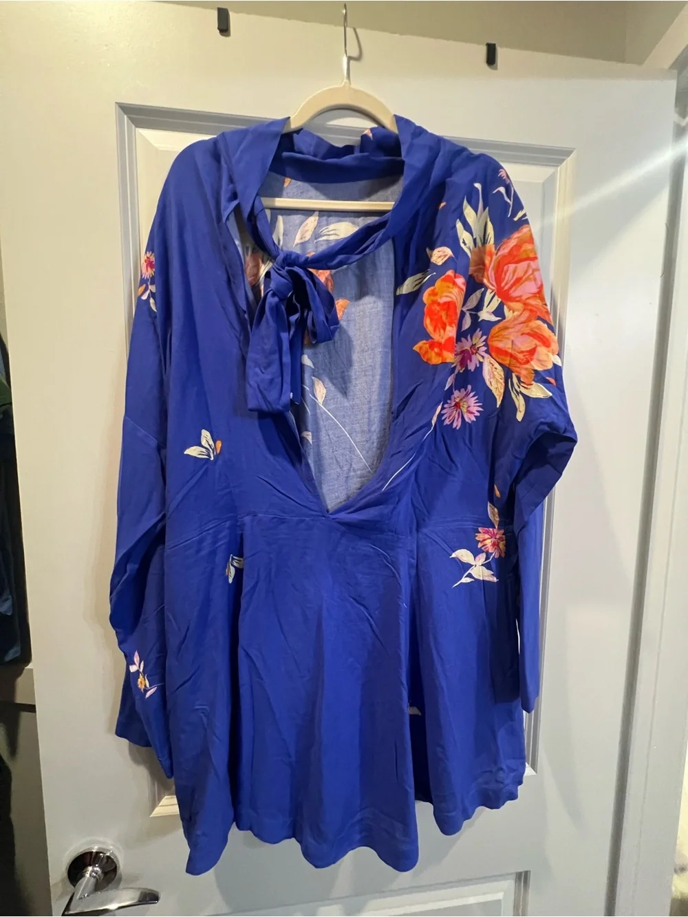 Free People Royal Blue Floral Tunic with Orange-Pink Blooms